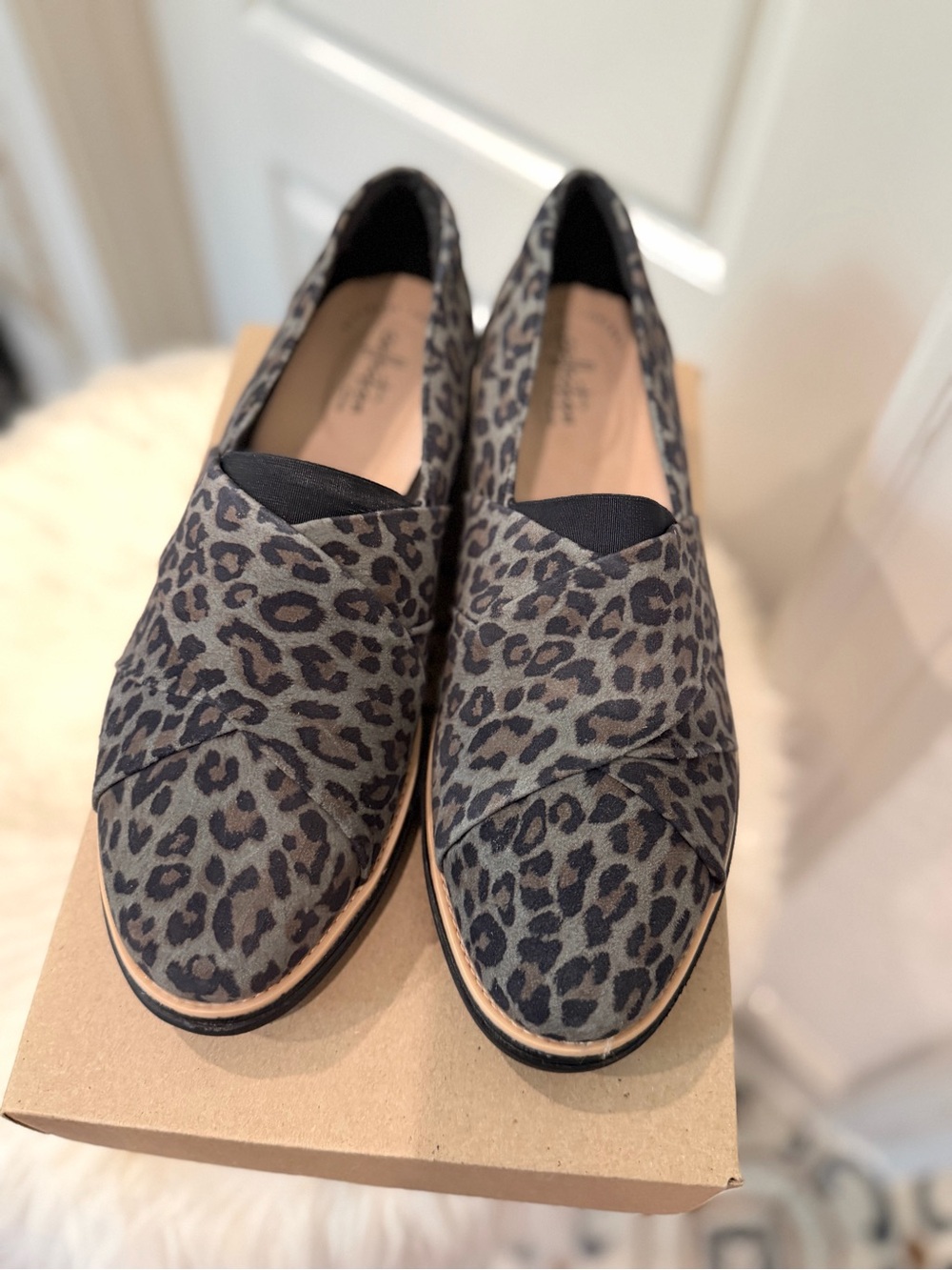 Clarks Leopard Print Slip-On Loafers - Black and Gray